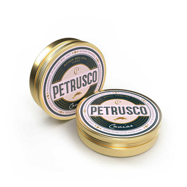 two tins of Petrusco caviar on white backround