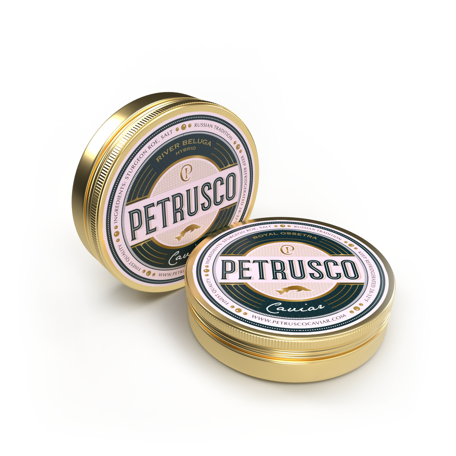 two tins of Petrusco caviar on white backround